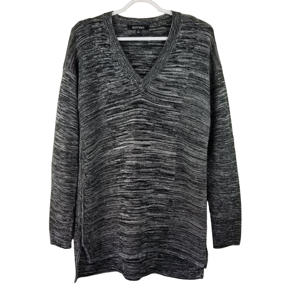 Ellen Tracy Heathered Black V-Neck Long Sleeve Sweater Women's Large